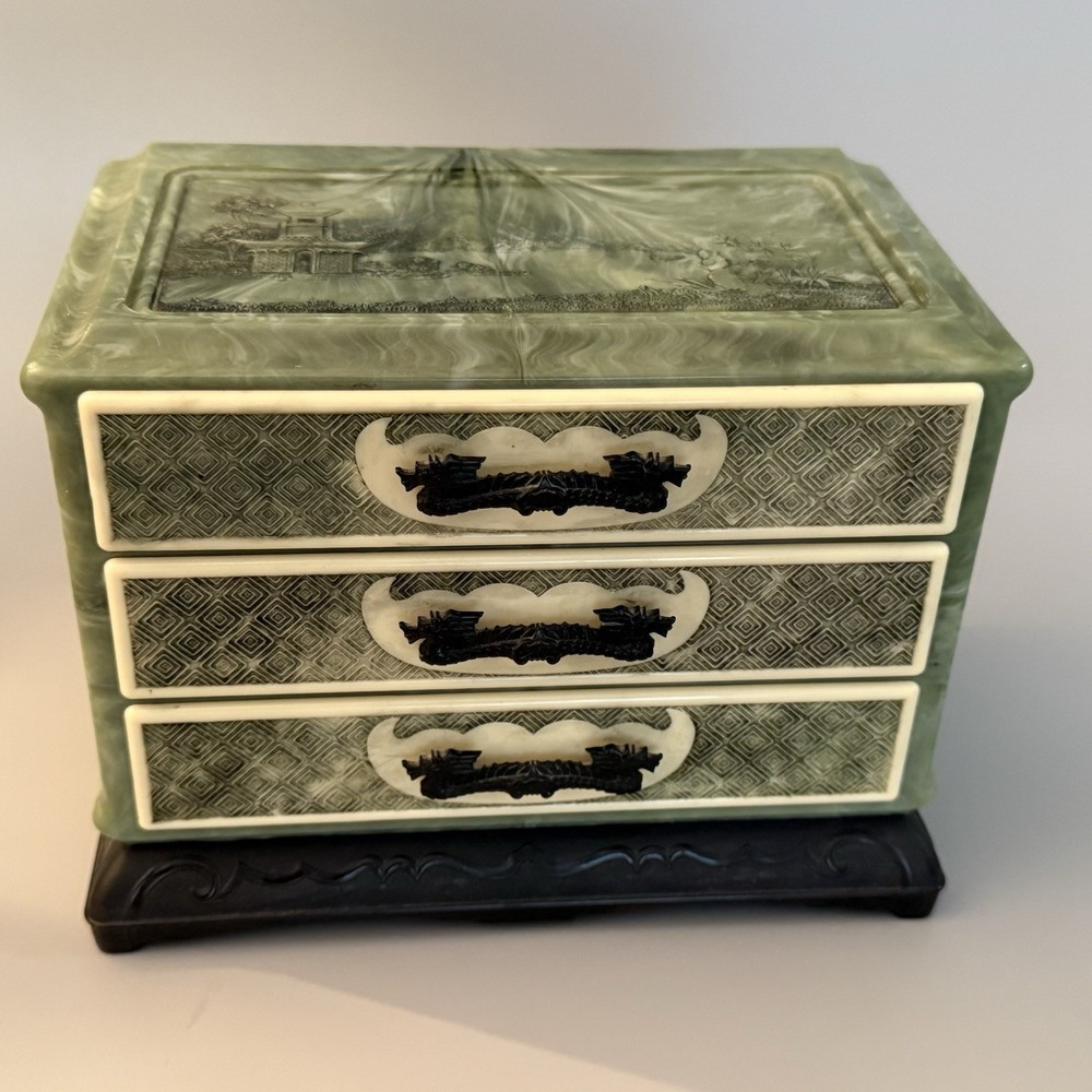 1940s Asian Inspired Faux Jade Jewelry Box 3 Drawer Dragon Pulls Green Celluloid
